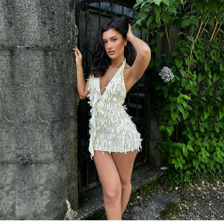 Women Clothing Summer Sexy Halter Lace Up V Neck Backless Slim Fit Sheath Dress Bella Mia